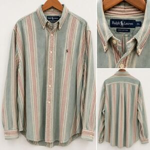 Ralph Lauren Button Down Shirt Men's XL Green Red Stripe 100% Cotton Long Sleeve